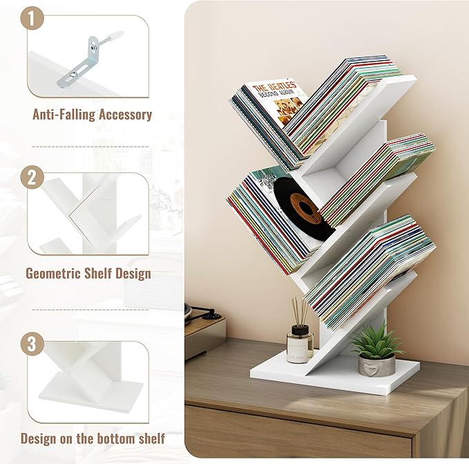 Hoctieon 4 Tier Tree Bookshelf, 4 Shelf Bookcase, Free Standing Tree Bookcase, Display Floor Standing Shelf for Books, Book Organizer Shelves for Home Office, Living Room, Bedroom, White