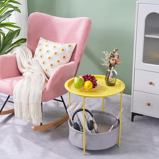 VECELO Round Side/End Table with Fabric Storage Basket，Metal Anti-Rust and Waterproof Small Bedside Nightstand with Removable Tray Top for Living Room，Balcony & Laundry，Yellow /2pcs with Basket