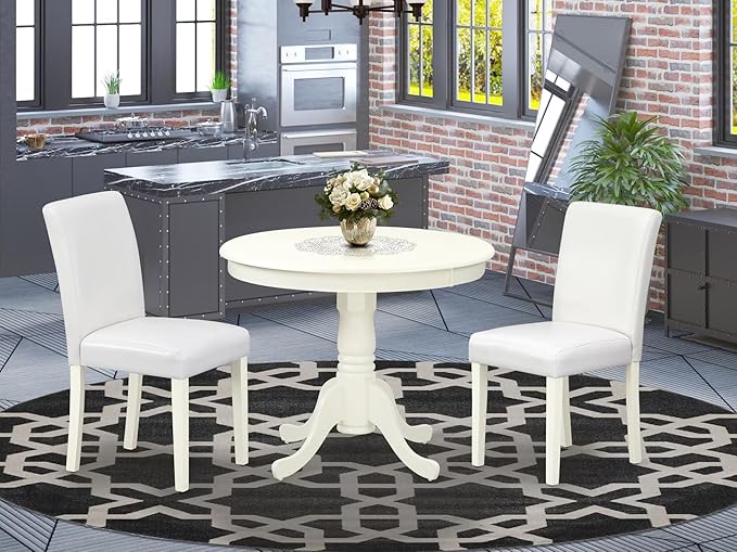East West Furniture ANAB3-LWH-64 3 Piece Modern Dining Table Set Contains a Round Kitchen Table with Pedestal and 2 White Faux Leather Upholstered Chairs, 36x36 Inch, Linen White