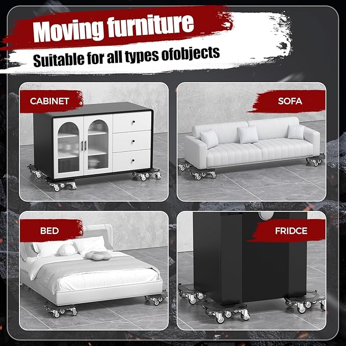 Upgraded Furniture Dolly Movers 5 Wheel Heavy Duty 3000LBS Capacity Carbon Steel Panel 360° Rotating Casters Furniture Slider for Sofa Refrigerator Piano (Black, 6in)