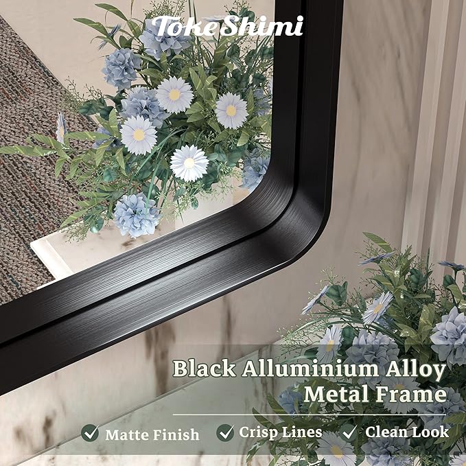 TokeShimi 24 x 36 Inch Black Mirror Wall Mirror for Bathroom Black Metal Frame Decorative Rectangular Wall Mounted Home Decor Corner Hangs (Horizontal/Vertical)