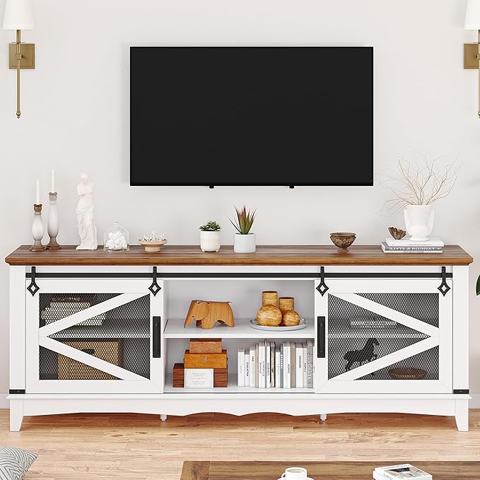 IDEALHOUSE Modern TV Stands for Living Room, 65 Inch TV Stand Entertainment Center with Storage and Sliding Barn Doors, Media TV Console Cabinet with Adjustable Shelf (White)
