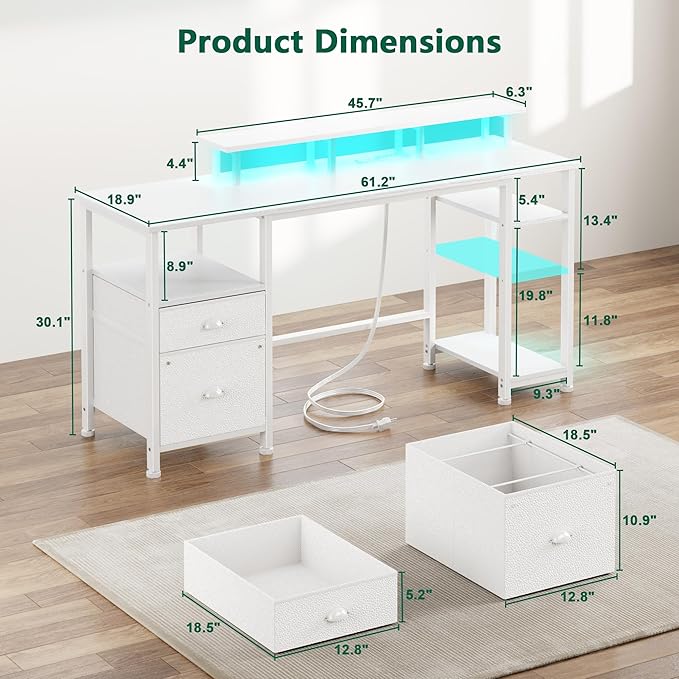 Furologee 61" Computer Desk with Power Outlet and LED Lights, Reversible Gaming Desk with File Cabinet & Monitor Stand for Home Office, Large Work Table with Storage Shelves & Drawer, White