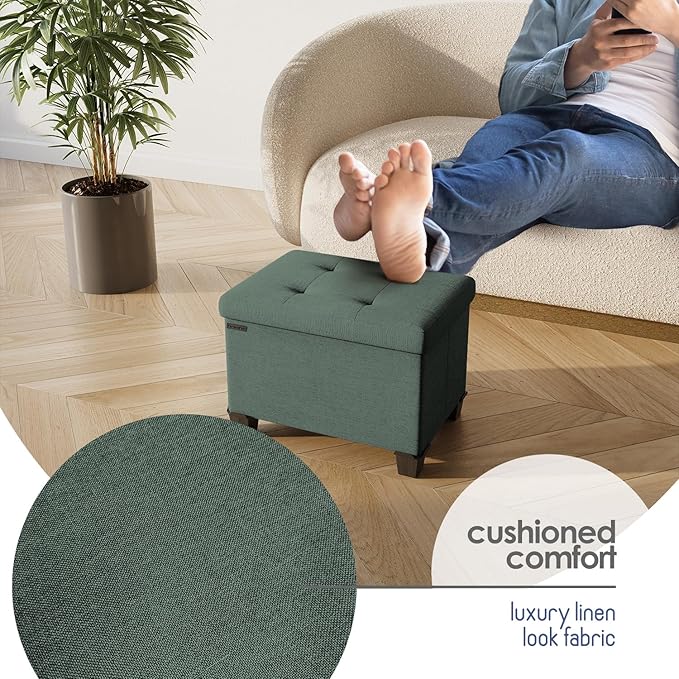 STORAGEBUD Storage Ottoman Cube with Small Bin, 16-in Square Ottoman with Storage for Living Room and Bedroom, Small Ottomans Foot Rest, Fabric Foot Stools Ottomans Max 330lbs, Green