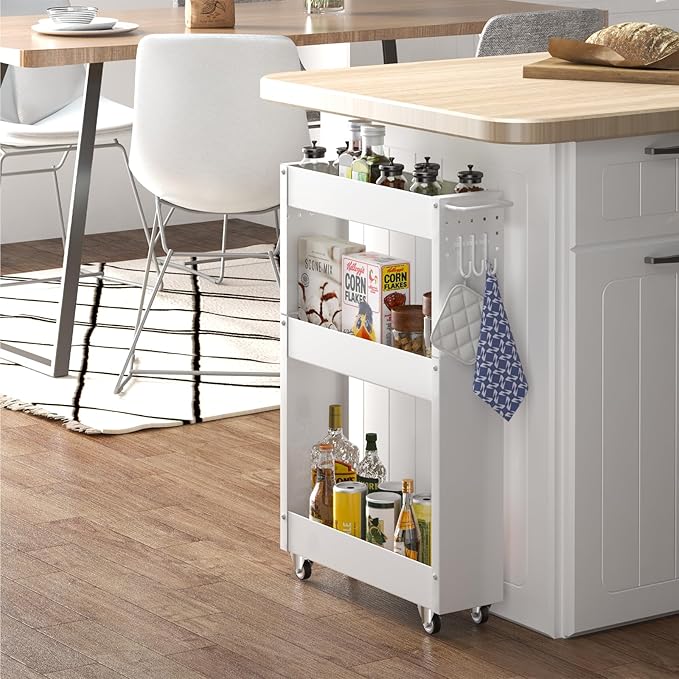 Slim Storage Cart, 5 in Width, 3-Tier White Rolling Cart with Handle for Kitchen Bathroom Laundry Narrow Places