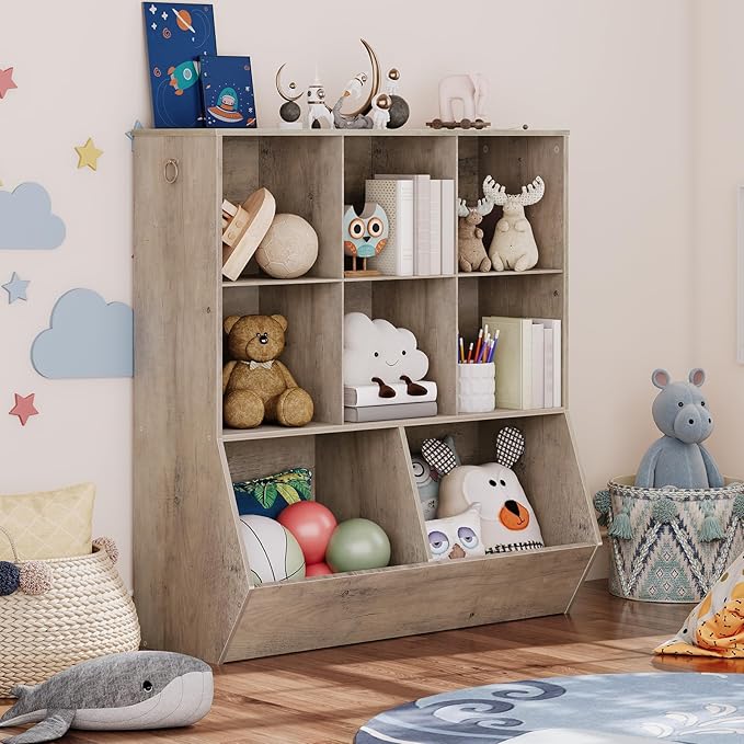 HOOBRO Kids Bookshelf, Toy Storage Cabinet, Kids Toy Organizer, 8 Cubicles, Bookcase Footboard, Bookshelf for Kids, for Playroom, Bedroom, Nursery, School, Greige BG35CW01G1