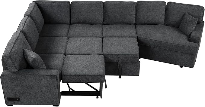 126" Extra Large Pull-Out Sofa Bed with Drop-Down Cup Holder Tables,L-Shaped Sectional Couch W/Charging Device,Convenient Sleeper Furniture Set for LivingRoom Apartment,Beige Chenille
