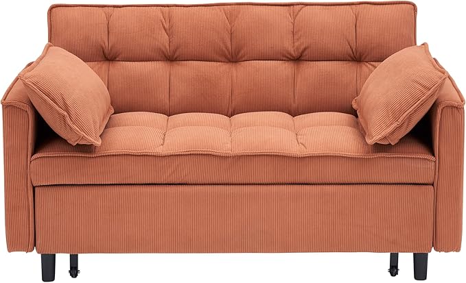 Ball & Cast Convertible Sofa Bed,Loveseat Sleeper Sofa W/Pull-Out Bed,Convertible Pull Out Couch W/2 Pillows,Adjustable Backrest&Side Pocket,Corduroy Futon Couches for Living Room,Apartment,Orange,54"