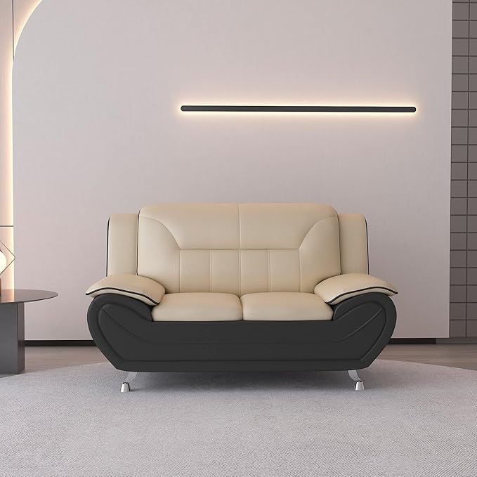 Container Furniture Direct Michael Modern Faux Leather Upholstered Stainless Steel Legs Living Room Sofa, Loveseat, Camel/Black