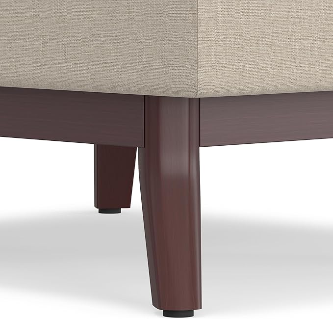 SIMPLIHOME Owen 34 inch Wide Mid Century Modern Rectangle Coffee Table Storage Ottoman in Natural Linen Look Fabric, Assembled, for the Living Room, Entryway and Family Room
