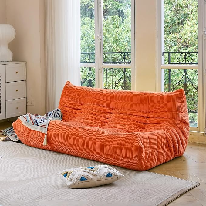 N&V Fireside Three Seater, Mid Century Armless Twin Size Floor Sofa, Soft Premium Corduroy Floor Lounge Chair, Foam Sofa Accent Chair for Living Room, Bedroom (Tangerine)