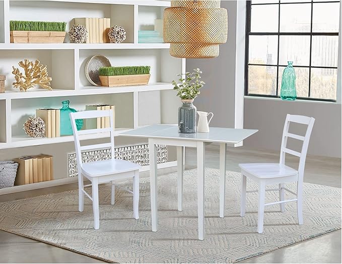 IC International Concepts, Solid Wood Small Drop Leaf Dining Table, Solid Real Wood, Sturdy Parawood, White