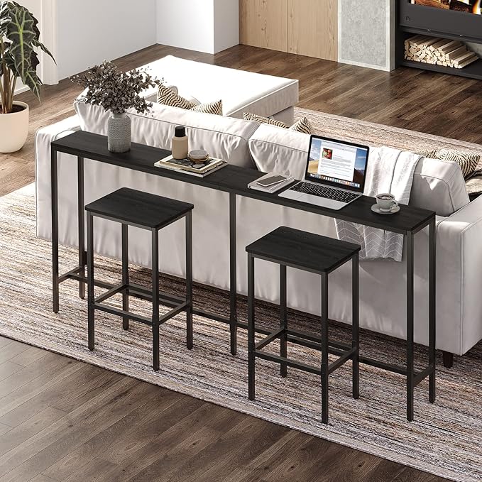 Bar Stools, Set of 2 Bar Chairs with Footrest, 2-Piece Dining Stools, 25.8-Inch Height, Rectangular Industrial Bar Stools, Strong Metal Frame, for Dining Room, Kitchen, Black BAHB0101