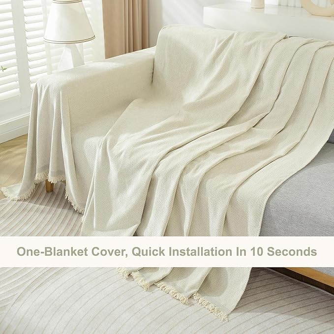 STACYPIK Modern Beige Couch Covers for Dogs Cats Thick Chenille Ivory White Sofa Cover Sofa Slipcover Furniture Protector for 3 Cushion Couch with Tassel Non-Silp Futon Cover Sofa Protector-71X150IN