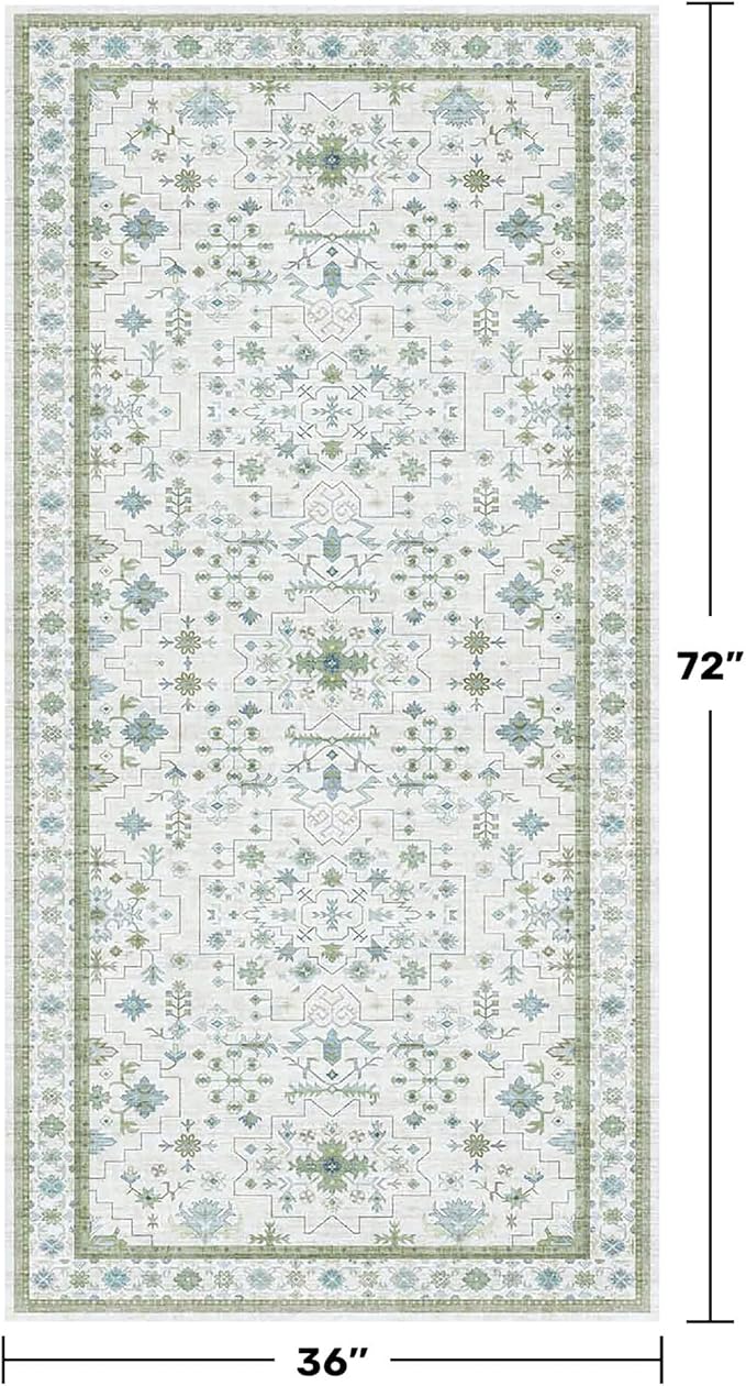 Blue and Green Washable Rugs 3x6 - Vintage Boho Floral Pastel Cream, Washable Low Pile Non Slip Small Throw Accent Area Rug for Entry Way, Laudry Room, Kitchen, Bedroom Beside Bed Decor