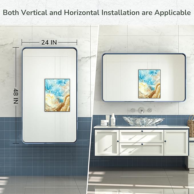 TokeShimi 48 x 24 Inch Wall Mirror Blue Bathroom Vanity Mirror with Metal Frame Aluminum Alloy Rounded Corner for Modern Farmhouse Wall Decor 1”Deep Set Design (Horizontal/Vertical)