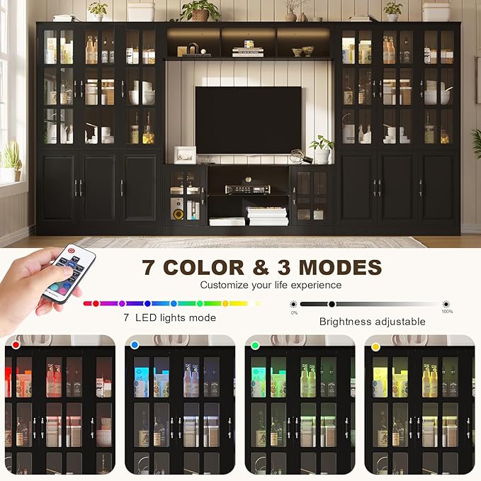 4-Piece Wall Unit TV Stand with Storage & LED Lights for TVs up to 75", Modern Entertainment Center with Bookshelves & 6-Door Pantry Cabinet, Black