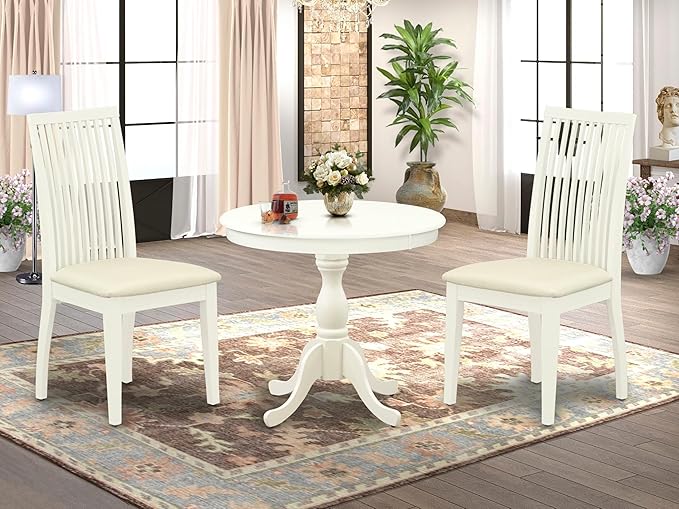 East West Furniture AMIP3-LWH-C 3 Piece Dining Set Contains a Round Dining Room Table with Pedestal and 2 Linen Fabric Upholstered Chairs, 36x36 Inch, Linen White
