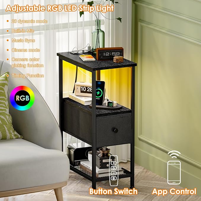 Fixwal Narrow Side Table with Charging Station and LED Light, Skinny Nightstand with 1 Fabric Drawer, Slim End Table for Bedroom, Dorm, Small Space, Black