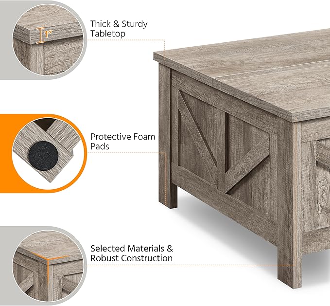 Yaheetech Lift Top Coffee Table, Square Farmhouse Coffee Table with Hidden Storage Compartment, Wood Center Table for Living Room, Home Office, Gray