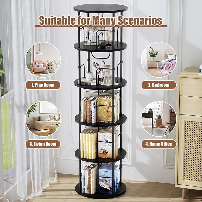 5 Tier Rotating Bookshelf, 360 ° Display Stackable Spinning Bookshelf Tower, Corner Bookshelf Tall Floor Standing Swivel Bookcase Narrow Storage Organizer for Bedroom, Living Room, Black