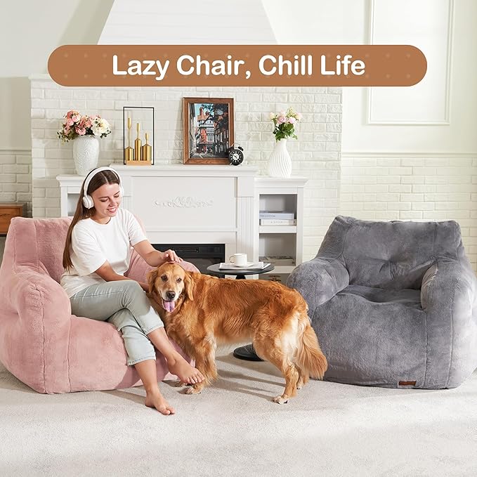 Hobestluk Bean Bag Chair for Adult Small Bean Bag Chairs with Arms Furry Beanbag Chair with Foam Filler Stuffed Bean Bag Sofa for Reading in Bedroom Living Room and Dorms(Pink)