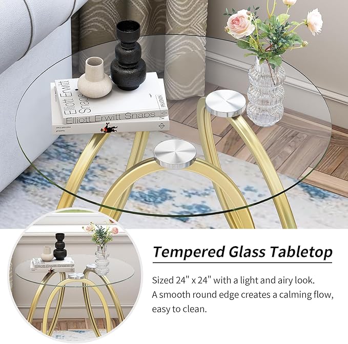 O&K FURNITURE Gold Modern Round Glass End Table with Hexagonal Base for Home & Office, 1 PC