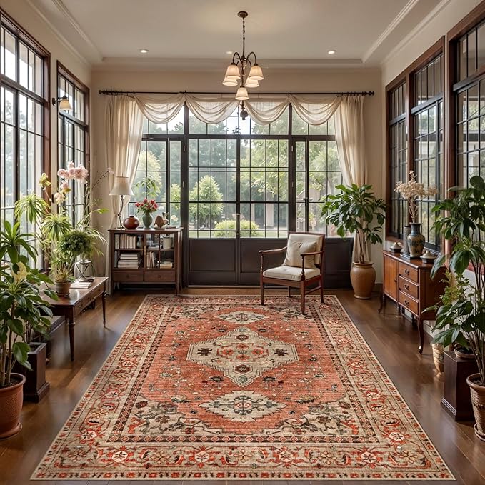 Tangsoo 5x7 Area Rug Washable for Living Room, Vintage Rug Indoor Non Slip Large Area Rugs, Print Distressed Terracotta Carpet, Soft Low Pile Rug Foldable Floor Rugs for Bedroom Dining Room Dorm