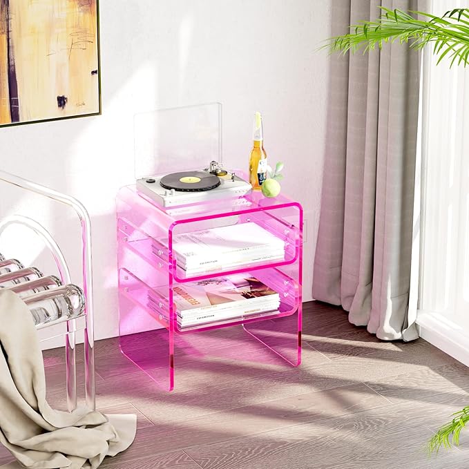 Clear Acrylic 3-Tier End Table/Nightstand – Sleek Bedside Storage with Durable Design, Perfect for Bedrooms, Living Rooms, or Modern Interiors – Ideal as a Bedside Table or Sofa Side Piece (Pink)