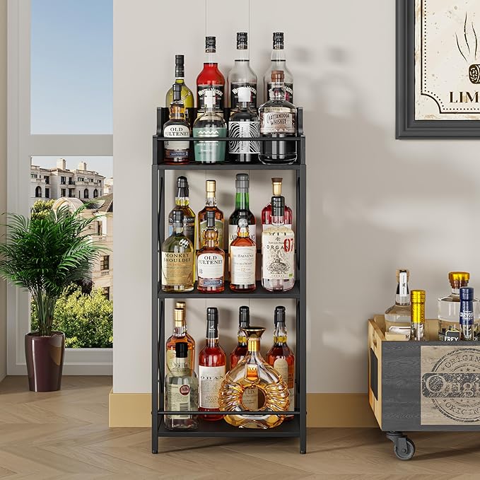KLM Liquor Bottle Display Shelf, Liquor Cabinet bar for Home, 4 Step Liquor cabinetck, Mini bar,Liquor Cabinet, Home Retro Bar Shelf Stand for Liquor Whiskey, Spirits（Black）