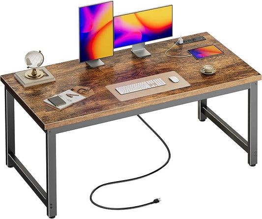 Huuger 55 x 24 inch Desk with Power Outlets & USB-C, Deeper & Thicker Desktop, Robust Metal Tubes, Computer Desk, Heavy Duty Office Desk, Work Gaming Desk for Home Office, Rustic Brown