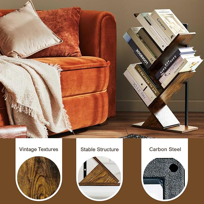 5 Tier Tree Bookshelf Floating Book Shelves for Wall Mount, Wooden Hanging Shelves Storage for Displaying Books/CDs/Magazine, Unique Wall Bookcase Organizer Shelves for Home, Office, Living Room