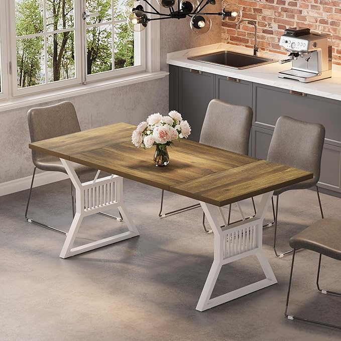 GarveeHome 70.8 Inch Dining Table 4-6 Person, Kitchen Table with Heavy Duty Metal Legs, Farmhouse Dining Room Table for Kitchen, Living Room