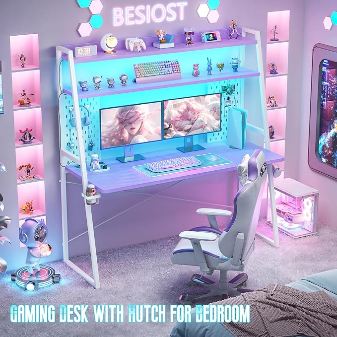 Gaming Desk with Hutch and LED Lights, Gaming Computer Desk with Power Outlets, Gamer Desk with Storage Shelves, PC Gamings Desk with Pegboards for Bedroom, Carbon Fiber Purple, 49"