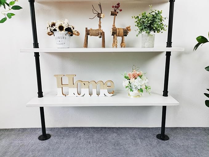 Ladder Pipe Shelves, Wall Mounted Industrial Shelves for Living Room Storage (White, 5 Tier - 10" D x 36" W x 70" H)