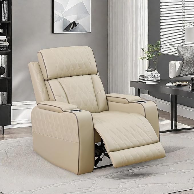 Recliner Chair, Leather Recliner Home Theater Seating, Electric Reclining Chair with USB Ports and Cup Holders, Breathing Chair with Hidden Arm Storage, Ambient Lighting, Beige