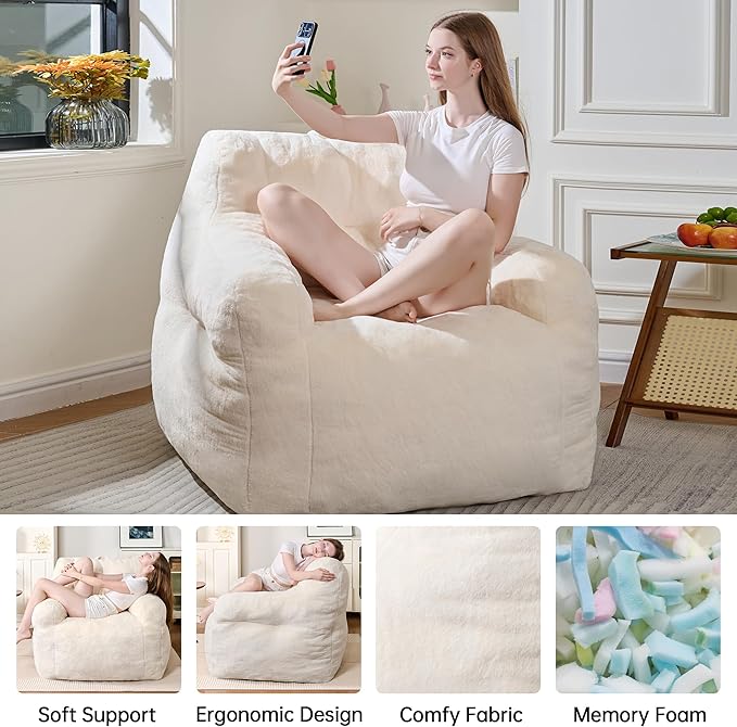 Giant Bean Bag Chairs for Adults and Kids, 3FT Bean Bag Chair with Filler, Comfy Lazy Sofa Chair for Bedroom, Living Room, Dorm (Cream)