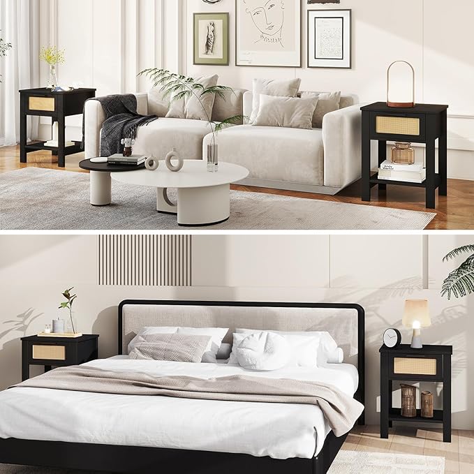 IBUYKE Rattan Nightstand, Boho Night Stand with Drawer, Wood Bedside Tables with Storage Shelf, End Table with Legs for Bedroom, Black UWNS011B