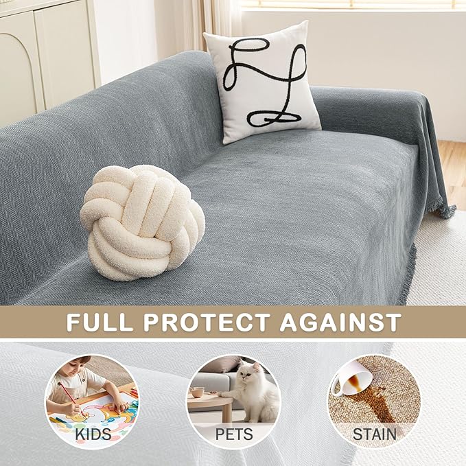 hyha Couch Cover for Dogs, Boho Sofa Covers for 3 Cushion Couch Washable, Chenille Sofa Slipcover for Pets, Soft Loveseat Sectional Couch Throw Blankets with Tassels (Grey, 71x118 Inch)