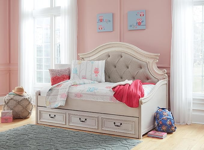 Signature Design by Ashley Realyn Traditional Upholstered Tufted Twin Platform Daybed with 1 Large Drawer, Foundation or Box Spring Not Needed, White & Beige