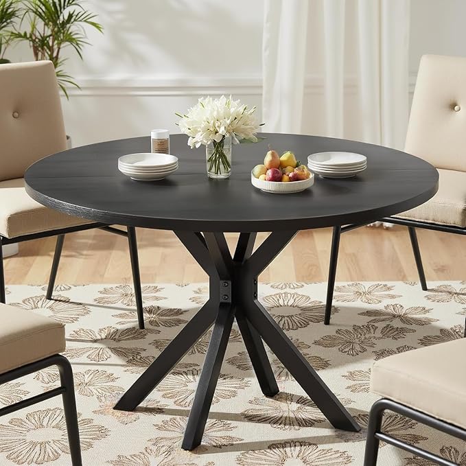 47 Inch Round Dining Table for 4, Modern Round Dinner Table Small Mid Century Dining Room Tables, Leisure Kitchen Tables for Small Space, Kitchen, Living Room, Steel Legs, Black