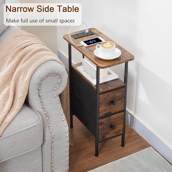 Narrow End Table Living Room with Charging Station, Skinny Side Table with Fabric Drawers, Slim Nightstand for Bedroom, Small Spaces, Couch, Brown, HETNDP02BR-1