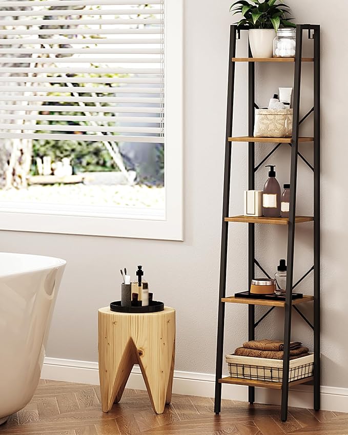 Ladder Shelf, Bookshelf Bookcase, Freestanding Corner Storage Shelve with 2 Hooks for Home Office, Living Room, Kitchen, Bedroom, Industrial, 5-Tier Rustic Brown BC03201B