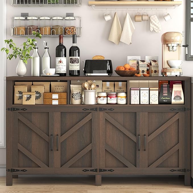 Buffet Sideboard with Storage Farmhouse with 4 Doors, 55'' Large Kitchen Storage Cabinet Wood Coffee Bar Cabinet Buffet Table with Shelves for Kitchen, Dining Room, Entryway (Brown, 55in)
