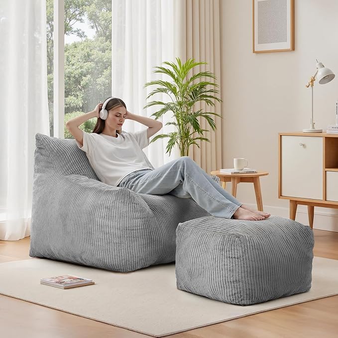 INMOZATA Bean Bag Chair for Adults, 3FT Beanbag Chair with Ottoman Pre-Filled Fluffy Lazy Chair Corded Fabric Accent Chair for Bedroom Living Room Dorm (Gray)