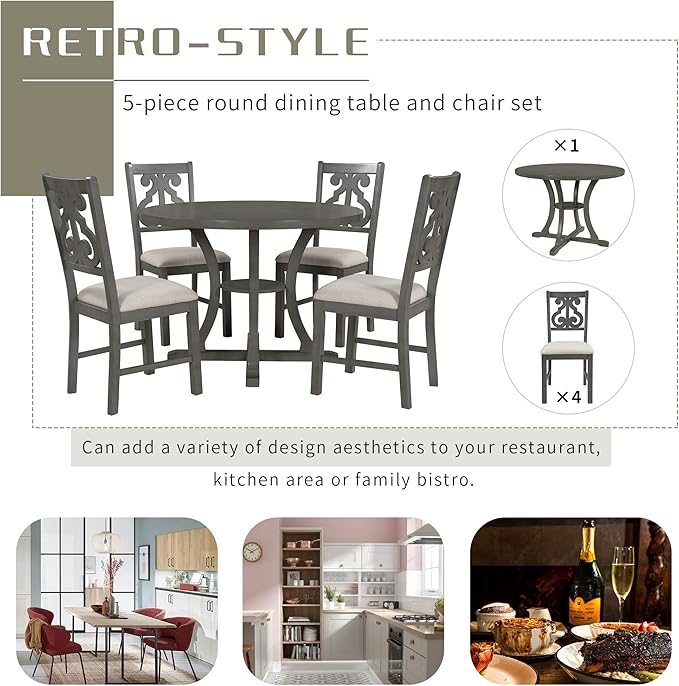 Merax 5 Piece Round Dining Table Set 4 Retro Chairs with Special-Shaped Table Legs, Exquisitely Designed Hollow Chair Back for Dining Room, Gray