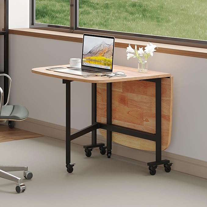 Multifunction Table Drop Leaf Dining Table - 47" Solid Wooden Foldable Kitchen Table with 6 Wheels (Natural)