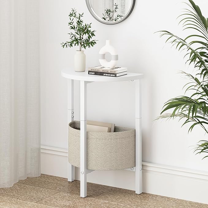 VAGUSICC Small Round Side Table End Table with Storage Basket, Tall Accent Coffee Table Round Nightstand, Set of 2 Half Round Tables Half Moon Tables, Sofa Bedside Table for Living Room Bedroom, White