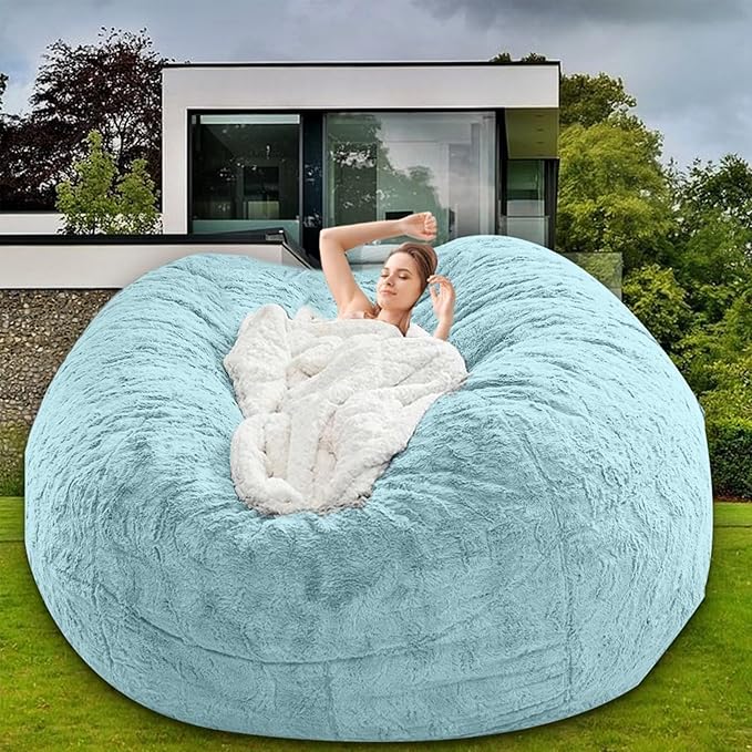 Bean Bag Chair for Adults Kids Without Filling Comfy Oversized Round Lazy Sofa Bean Bag Cover for Stuffed Animal Storage Bedroom Living Room Chairs, 6FT, Light Blue