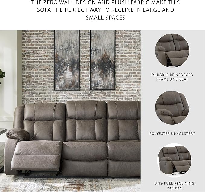 Signature Design by Ashley First Base Contemporary Faux Leather Manual Reclining Sofa, Gray